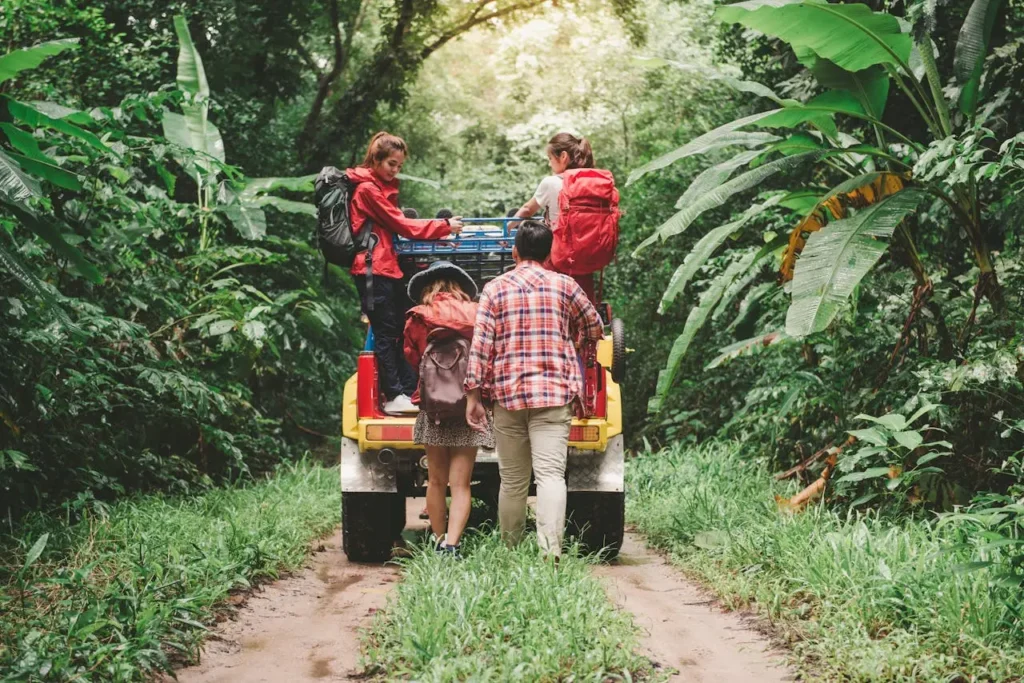 Friends traveling together in the forest